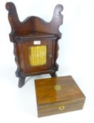 Late 19th/ early 20th Century mahogany work box with contents and a similar age standing corner