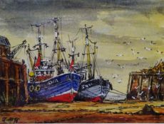 Fishing Boats in Scarborough Harbour, watercolour signed by Jack Rigg (British 1927-),