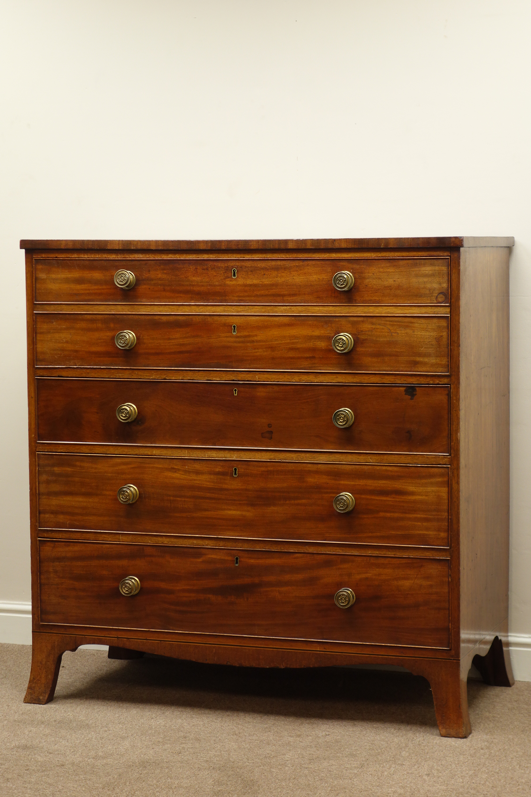 Early 19th century mahogany secretaire chest, fall front drawer with baize lined interior,