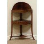 George III mahogany bow front three tier corner whatnot, single drawer, raised back, W49cm,