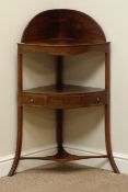 George III mahogany bow front three tier corner whatnot, single drawer, raised back, W49cm,