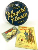 Three original mid 20th Century small cigarette advertising signs; Player's circular tin sign,