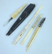 Carved bone dip pen combined letter opener, two other dip pens,