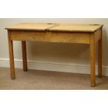 20th century polished beech double school desk, W108cm, H64cm,
