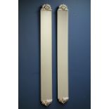 Pair narrow wall mirrors with silvered pediments and bevelled glass 123cm x 16cm