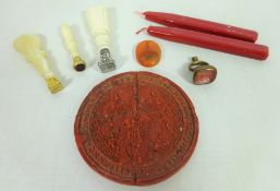 Ivory and white metal seal, bone seal and a mother of pear seal,