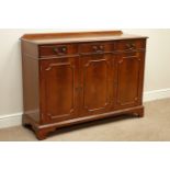 Reproduction mahogany three drawer, thee cupboard sideboard, W122cm, H90cm,