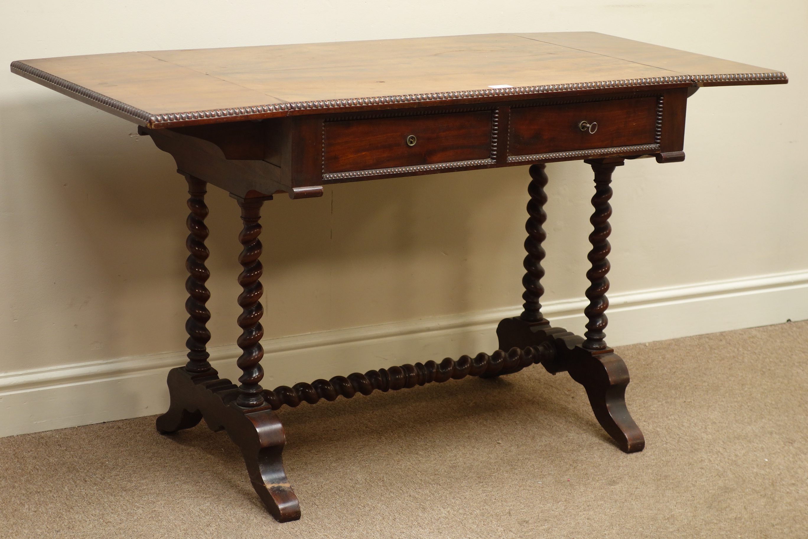 Victorian mahogany drop leaf sofa table, on barley twist base, two drawers, gadroon moulding, W84cm, - Image 2 of 2