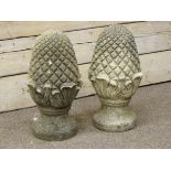 Pair composite stone pine cone gatepost finials,