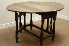 18th century oak drop leaf dining table, on turned double gate leg base, 108cm x 137cm,