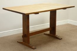 19th century rectangular oak dining table, end supports connect by centre stretcher, 138cm x 75cm,