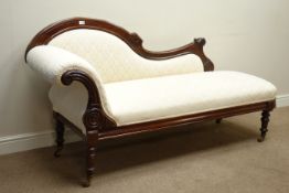 Edwardian walnut framed chaise longue, turned feet and carved detail, upholstered in cream fabric,