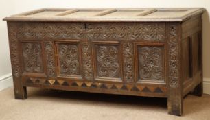 18th century carved oak four panel blanket box, W158cm, H71cm,