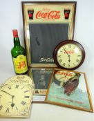 Two Coca-Cola advertising mirrors, a similar chalk board, clock,