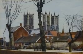 'Lincoln Cathedral', 20th century watercolour signed and dated '89 by Ian Watson (British b.