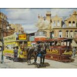 Bygone Street Scene with Horse Drawn and Steam Trams,