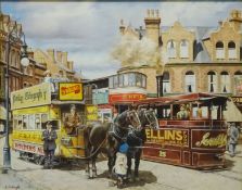 Bygone Street Scene with Horse Drawn and Steam Trams,