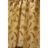 Two pairs lined curtains, pale gold with raised trailing floral pattern, with rail, W167cm,