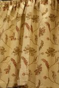 Two pairs lined curtains, pale gold with raised trailing floral pattern, with rail, W167cm,