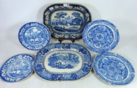 Early 19th Century blue and white meat plate decorated with the Wild Rose pattern. W.