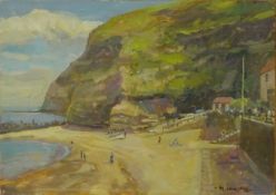 Staithes Beach, oil on board signed by Michelle Saunders (British 1963-), 25.5cm x 35.