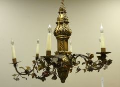 Early 20th Century continental carved wood/ gesso and metal six branch chandelier H104cm