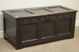 18th century oak three panel coffer with carved detail, W119cm, H51cm,