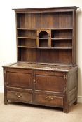 18th century oak three panel mule chest with two drawers and cupboard, raised four tier rack,