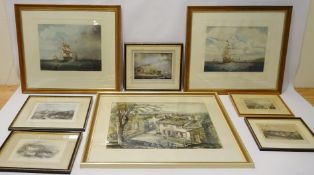 Collection of seven 19th century and later engravings hand finished including 'Saloon,