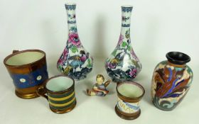 Pair of Losol Ware bottle vases decorated with birds and flowers, Gouda vase,