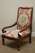 William IV mahogany framed armchair, with scrolling arms and turned and carved front legs,
