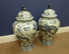 Pair of large 20th Century Chinese blue and white hexagonal baluster vases