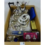 EPNS four piece tea service, rectangular tray, two boxed cruet sets and cutlery,