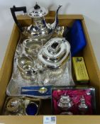 EPNS four piece tea service, rectangular tray, two boxed cruet sets and cutlery,