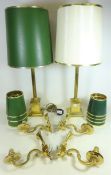 Two brass corinthium column shape table lamps and a set of four similar two branch wall lights (6)