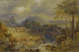 Figures by a Highland River with a Castle,