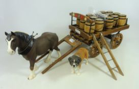 Beswick Shire Horse with wooden ale cart and barrels and a Beswick St.