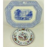 19th Century blue and white meat plate and a 19th Century Chinese Scroll pattern plate (2)