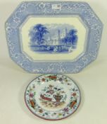 19th Century blue and white meat plate and a 19th Century Chinese Scroll pattern plate (2)