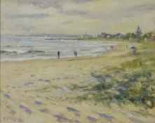 Figures Walking Along a Beach, oil on canvas board signed by Christine M Pybus,