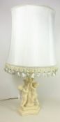 Parian style table lamp with pale blue fringed shade,