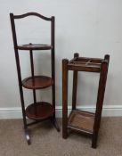 Early 20th Century three tier mahogany cake stand and a oak umbrella stand,