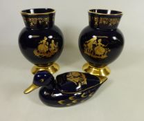 Pair of Limoges Castel vases H21cm and duck trinket box,