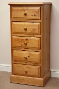 Pine five drawer pedestal chest, W52cm, H117cm,
