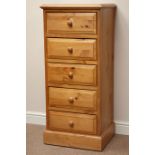 Pine five drawer pedestal chest, W52cm, H117cm,