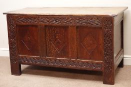 18th century oak three panel coffer, strap work carved friezes and uprights, W134cm, H75cm,