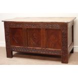 18th century oak three panel coffer, strap work carved friezes and uprights, W134cm, H75cm,