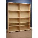 Two light wood open bookcases, W74cm, H178cm,