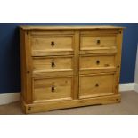 Large waxed pine six drawer chest, W133cm, H105cm,