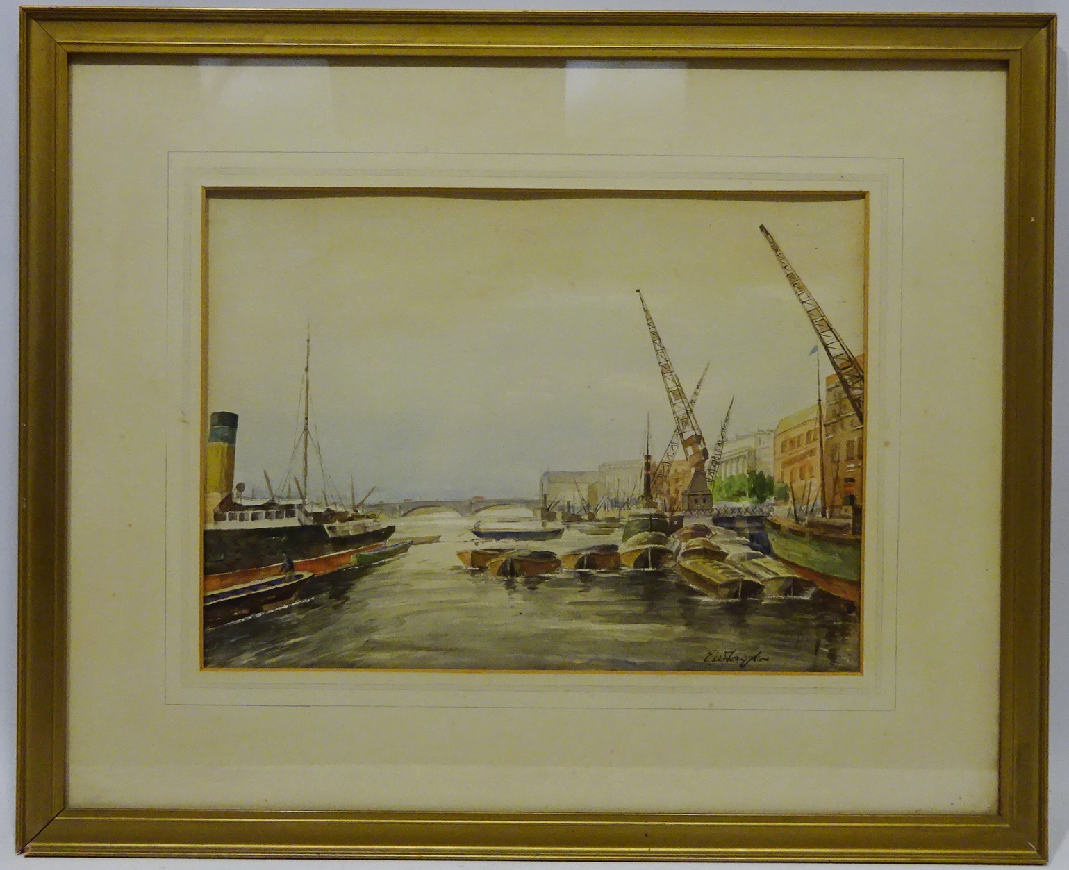 Busy Dockland River scene, watercolour signed by Eric Wilfred Taylor (British 1909-1999), - Image 2 of 2